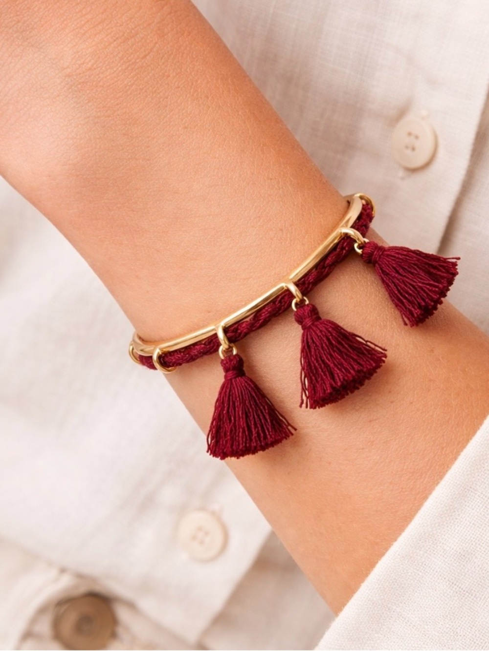 Madewell Gold Cuff Bracelet w/ Burgundy Tassels | Boho Chic | 6.25”